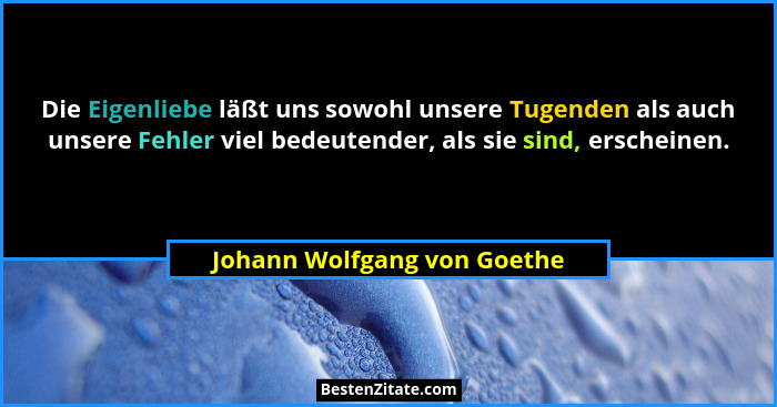 Die Eigenliebe läßt uns sowohl unsere Tugenden als auch unsere Fehler viel bedeutender, als sie sind, erscheinen.... - Johann Wolfgang von Goethe