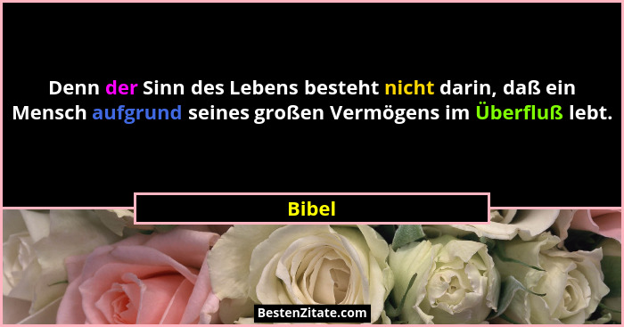 Denn der Sinn des Lebens besteht nicht darin, daß ein Mensch aufgrund seines großen Vermögens im Überfluß lebt.... - Bibel
