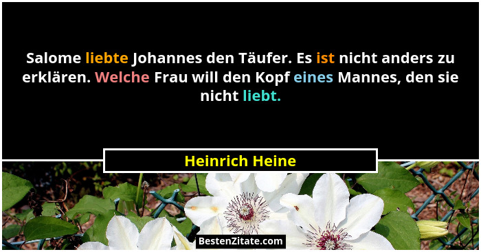 Salome liebte Johannes den Täufer. Es ist nicht anders zu erklären. Welche Frau will den Kopf eines Mannes, den sie nicht liebt.... - Heinrich Heine