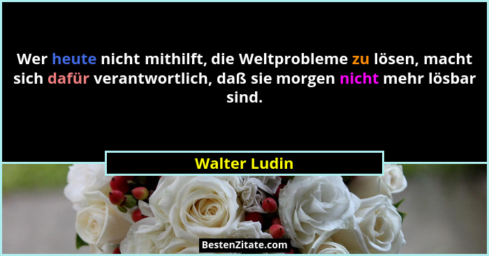 Wer heute nicht mithilft, die Weltprobleme zu lösen, macht sich dafür verantwortlich, daß sie morgen nicht mehr lösbar sind.... - Walter Ludin