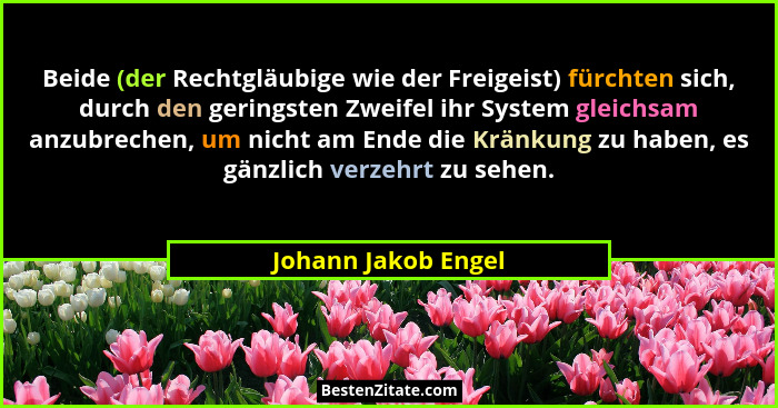 Beide (der Rechtgläubige wie der Freigeist) fürchten sich, durch den geringsten Zweifel ihr System gleichsam anzubrechen, um nich... - Johann Jakob Engel