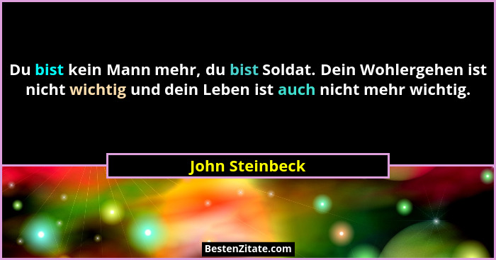 Du bist kein Mann mehr, du bist Soldat. Dein Wohlergehen ist nicht wichtig und dein Leben ist auch nicht mehr wichtig.... - John Steinbeck