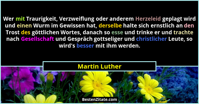 Wer mit Traurigkeit, Verzweiflung oder anderem Herzeleid geplagt wird und einen Wurm im Gewissen hat, derselbe halte sich ernstlich an... - Martin Luther