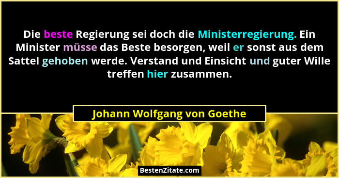 Die beste Regierung sei doch die Ministerregierung. Ein Minister müsse das Beste besorgen, weil er sonst aus dem Sattel g... - Johann Wolfgang von Goethe