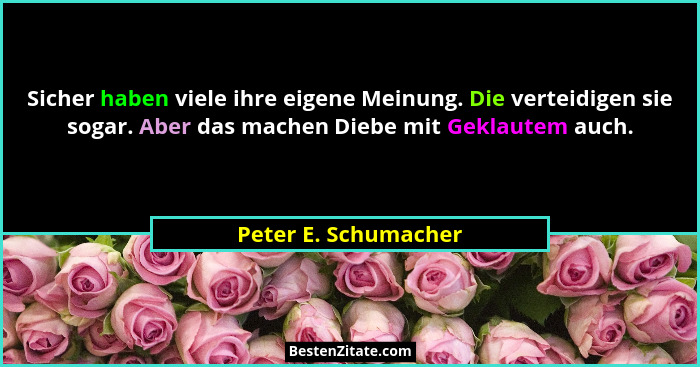 Sicher haben viele ihre eigene Meinung. Die verteidigen sie sogar. Aber das machen Diebe mit Geklautem auch.... - Peter E. Schumacher