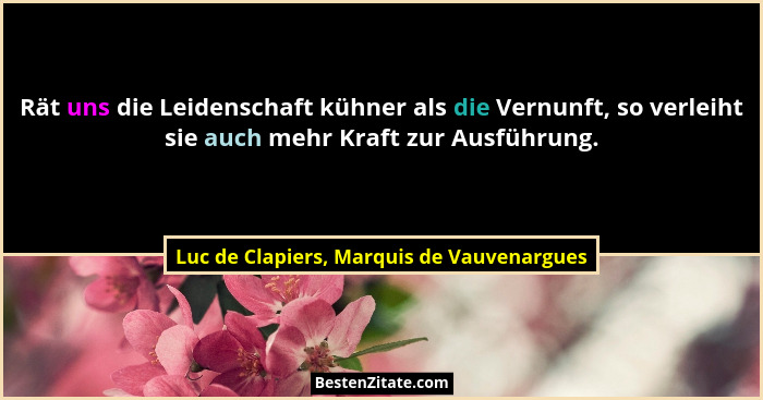 Rät uns die Leidenschaft kühner als die Vernunft, so verleiht sie auch mehr Kraft zur Ausführung.... - Luc de Clapiers, Marquis de Vauvenargues