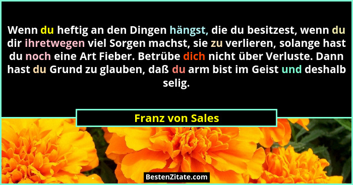 Wenn du heftig an den Dingen hängst, die du besitzest, wenn du dir ihretwegen viel Sorgen machst, sie zu verlieren, solange hast du... - Franz von Sales