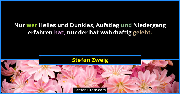 Nur wer Helles und Dunkles, Aufstieg und Niedergang erfahren hat, nur der hat wahrhaftig gelebt.... - Stefan Zweig