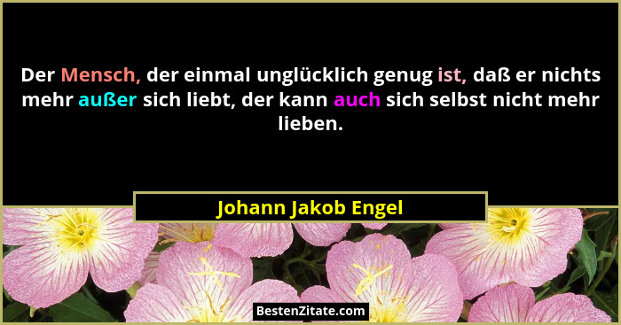Der Mensch, der einmal unglücklich genug ist, daß er nichts mehr außer sich liebt, der kann auch sich selbst nicht mehr lieben.... - Johann Jakob Engel