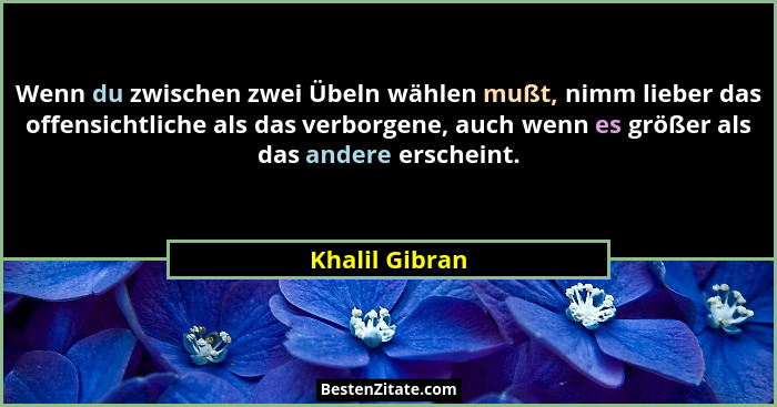 Wenn du zwischen zwei Übeln wählen mußt, nimm lieber das offensichtliche als das verborgene, auch wenn es größer als das andere ersche... - Khalil Gibran