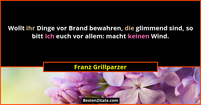 Wollt ihr Dinge vor Brand bewahren, die glimmend sind, so bitt ich euch vor allem: macht keinen Wind.... - Franz Grillparzer