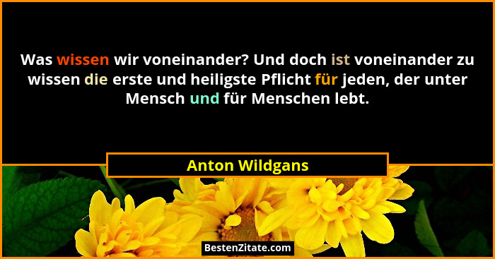 Was wissen wir voneinander? Und doch ist voneinander zu wissen die erste und heiligste Pflicht für jeden, der unter Mensch und für Me... - Anton Wildgans