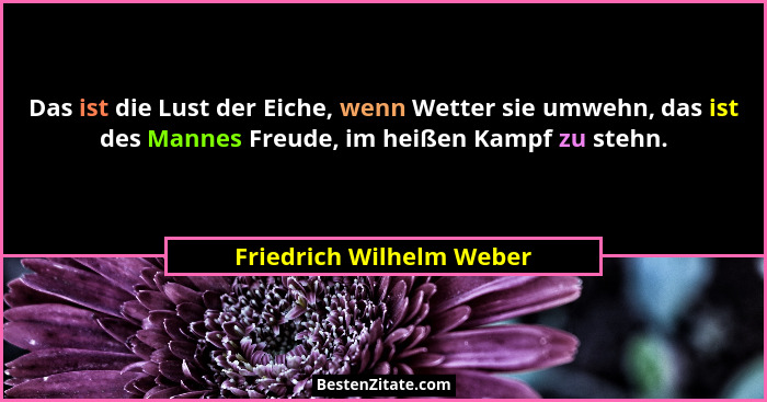 Das ist die Lust der Eiche, wenn Wetter sie umwehn, das ist des Mannes Freude, im heißen Kampf zu stehn.... - Friedrich Wilhelm Weber