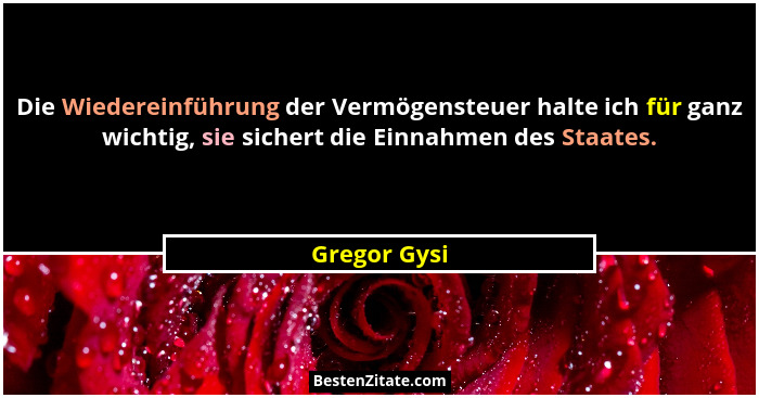 Die Wiedereinführung der Vermögensteuer halte ich für ganz wichtig, sie sichert die Einnahmen des Staates.... - Gregor Gysi