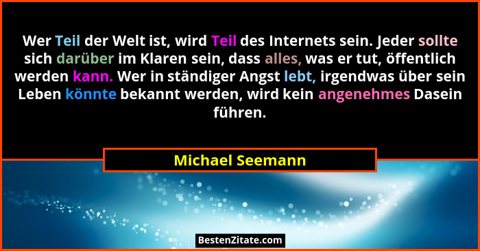 Wer Teil der Welt ist, wird Teil des Internets sein. Jeder sollte sich darüber im Klaren sein, dass alles, was er tut, öffentlich we... - Michael Seemann