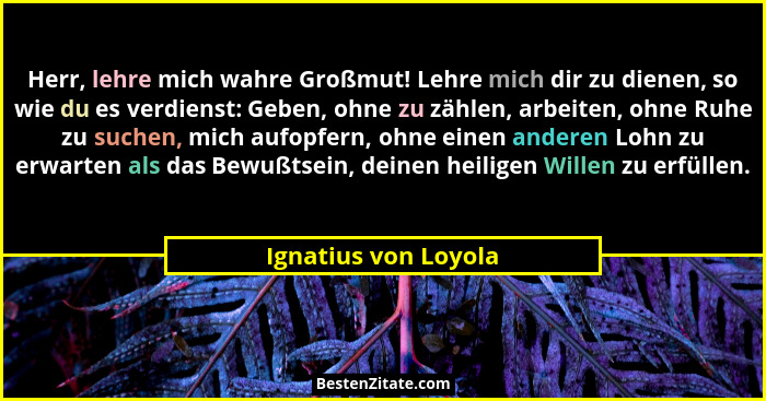 Herr, lehre mich wahre Großmut! Lehre mich dir zu dienen, so wie du es verdienst: Geben, ohne zu zählen, arbeiten, ohne Ruhe zu... - Ignatius von Loyola