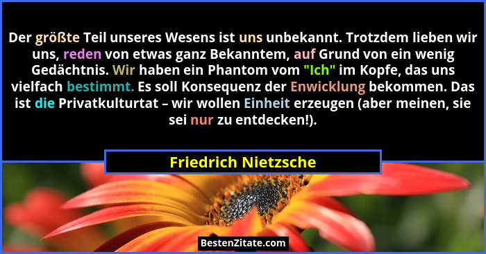Der größte Teil unseres Wesens ist uns unbekannt. Trotzdem lieben wir uns, reden von etwas ganz Bekanntem, auf Grund von ein wen... - Friedrich Nietzsche