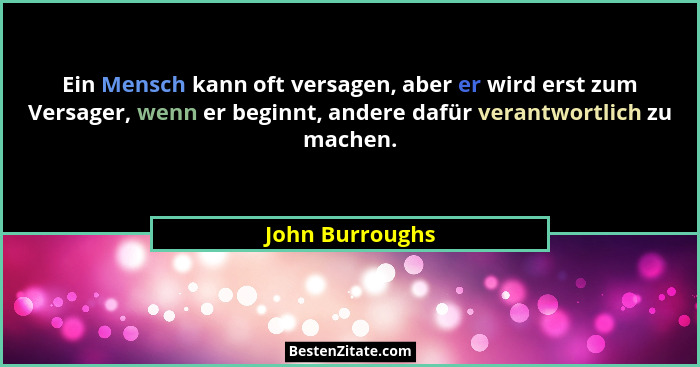 Ein Mensch kann oft versagen, aber er wird erst zum Versager, wenn er beginnt, andere dafür verantwortlich zu machen.... - John Burroughs