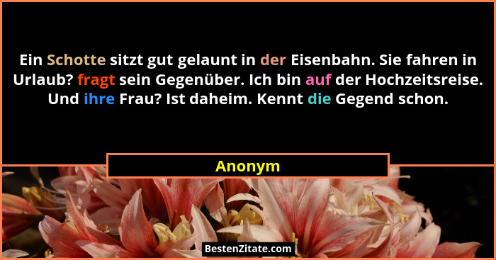 Ein Schotte sitzt gut gelaunt in der Eisenbahn. Sie fahren in Urlaub? fragt sein Gegenüber. Ich bin auf der Hochzeitsreise. Und ihre Frau? Is... - Anonym
