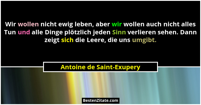 Wir wollen nicht ewig leben, aber wir wollen auch nicht alles Tun und alle Dinge plötzlich jeden Sinn verlieren sehen. Dann... - Antoine de Saint-Exupery