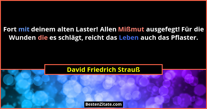 Fort mit deinem alten Laster! Allen Mißmut ausgefegt! Für die Wunden die es schlägt, reicht das Leben auch das Pflaster.... - David Friedrich Strauß