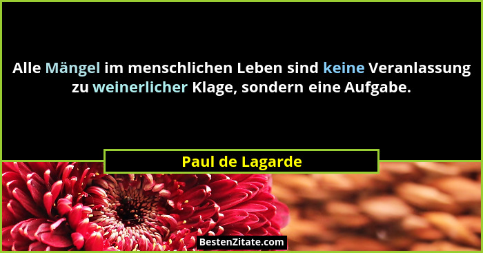 Alle Mängel im menschlichen Leben sind keine Veranlassung zu weinerlicher Klage, sondern eine Aufgabe.... - Paul de Lagarde