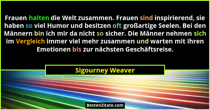 Frauen halten die Welt zusammen. Frauen sind inspirierend, sie haben so viel Humor und besitzen oft großartige Seelen. Bei den Männ... - Sigourney Weaver