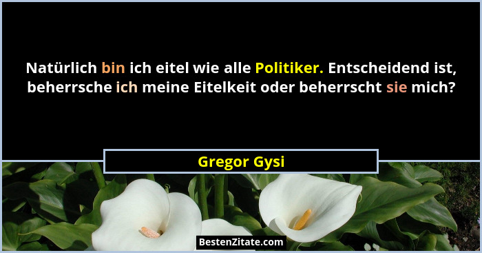 Natürlich bin ich eitel wie alle Politiker. Entscheidend ist, beherrsche ich meine Eitelkeit oder beherrscht sie mich?... - Gregor Gysi