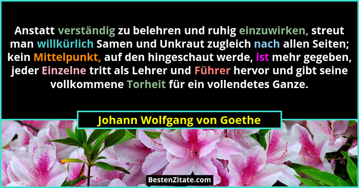 Anstatt verständig zu belehren und ruhig einzuwirken, streut man willkürlich Samen und Unkraut zugleich nach allen Seiten... - Johann Wolfgang von Goethe