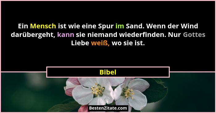 Ein Mensch ist wie eine Spur im Sand. Wenn der Wind darübergeht, kann sie niemand wiederfinden. Nur Gottes Liebe weiß, wo sie ist.... - Bibel