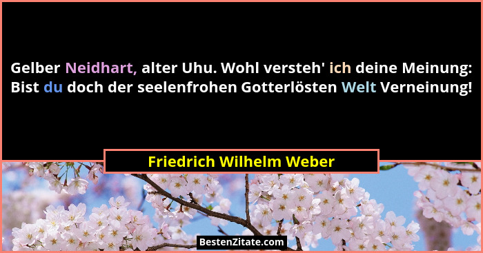 Gelber Neidhart, alter Uhu. Wohl versteh' ich deine Meinung: Bist du doch der seelenfrohen Gotterlösten Welt Verneinung!... - Friedrich Wilhelm Weber