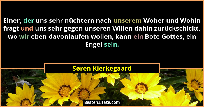 Einer, der uns sehr nüchtern nach unserem Woher und Wohin fragt und uns sehr gegen unseren Willen dahin zurückschickt, wo wir eben... - Søren Kierkegaard
