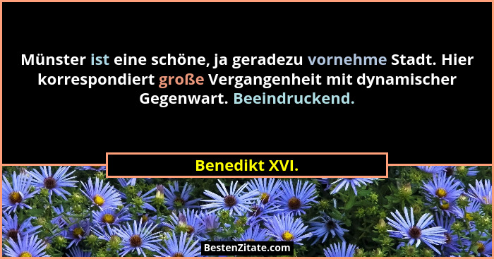 Münster ist eine schöne, ja geradezu vornehme Stadt. Hier korrespondiert große Vergangenheit mit dynamischer Gegenwart. Beeindruckend.... - Benedikt XVI.