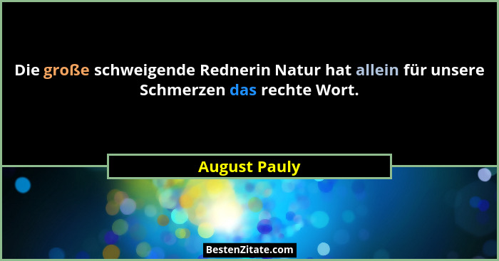 Die große schweigende Rednerin Natur hat allein für unsere Schmerzen das rechte Wort.... - August Pauly