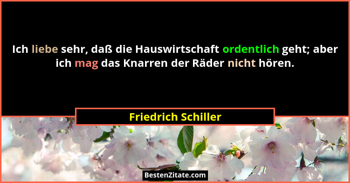 Ich liebe sehr, daß die Hauswirtschaft ordentlich geht; aber ich mag das Knarren der Räder nicht hören.... - Friedrich Schiller