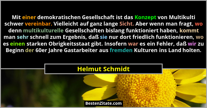 Mit einer demokratischen Gesellschaft ist das Konzept von Multikulti schwer vereinbar. Vielleicht auf ganz lange Sicht. Aber wenn man... - Helmut Schmidt