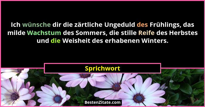 Ich wünsche dir die zärtliche Ungeduld des Frühlings, das milde Wachstum des Sommers, die stille Reife des Herbstes und die Weisheit des... - Sprichwort