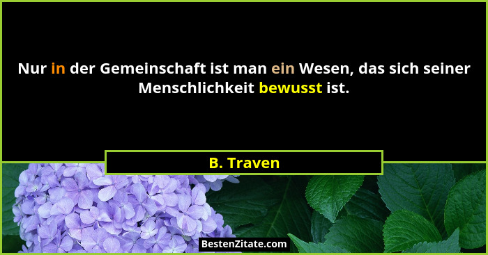 Nur in der Gemeinschaft ist man ein Wesen, das sich seiner Menschlichkeit bewusst ist.... - B. Traven