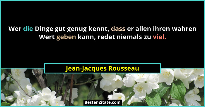 Wer die Dinge gut genug kennt, dass er allen ihren wahren Wert geben kann, redet niemals zu viel.... - Jean-Jacques Rousseau