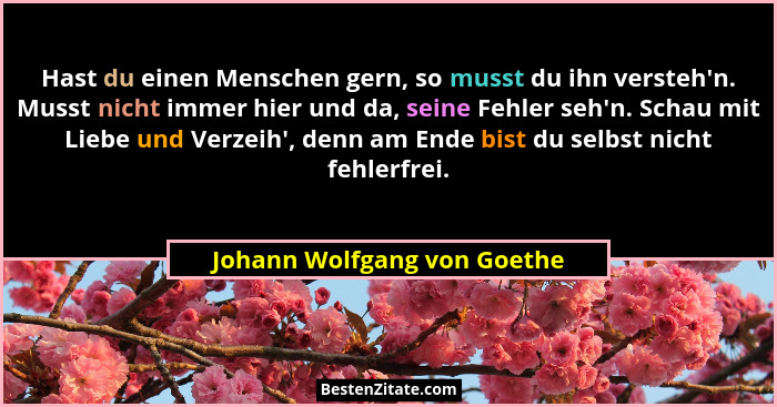 Hast du einen Menschen gern, so musst du ihn versteh'n. Musst nicht immer hier und da, seine Fehler seh'n. Schau... - Johann Wolfgang von Goethe