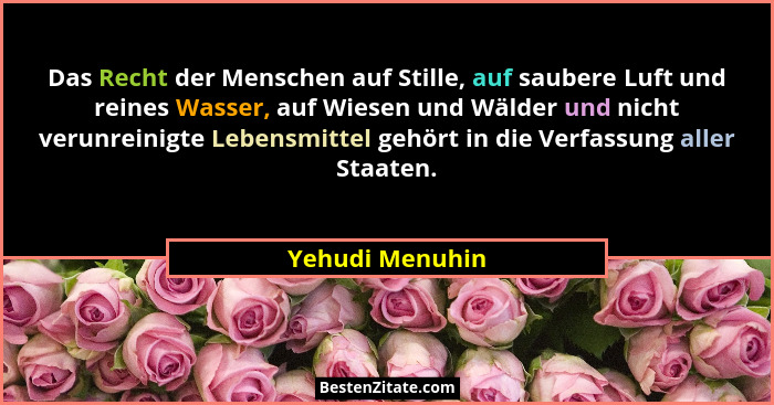Das Recht der Menschen auf Stille, auf saubere Luft und reines Wasser, auf Wiesen und Wälder und nicht verunreinigte Lebensmittel geh... - Yehudi Menuhin