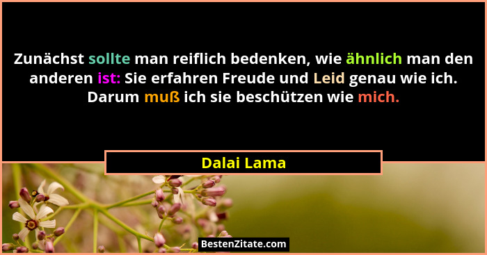 Zunächst sollte man reiflich bedenken, wie ähnlich man den anderen ist: Sie erfahren Freude und Leid genau wie ich. Darum muß ich sie bes... - Dalai Lama