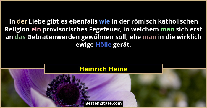 In der Liebe gibt es ebenfalls wie in der römisch katholischen Religion ein provisorisches Fegefeuer, in welchem man sich erst an das... - Heinrich Heine