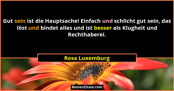 Gut sein ist die Hauptsache! Einfach und schlicht gut sein, das löst und bindet alles und ist besser als Klugheit und Rechthaberei.... - Rosa Luxemburg