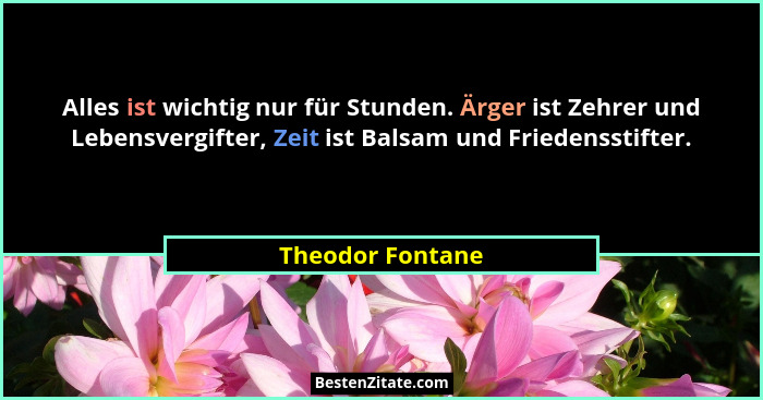 Alles ist wichtig nur für Stunden. Ärger ist Zehrer und Lebensvergifter, Zeit ist Balsam und Friedensstifter.... - Theodor Fontane