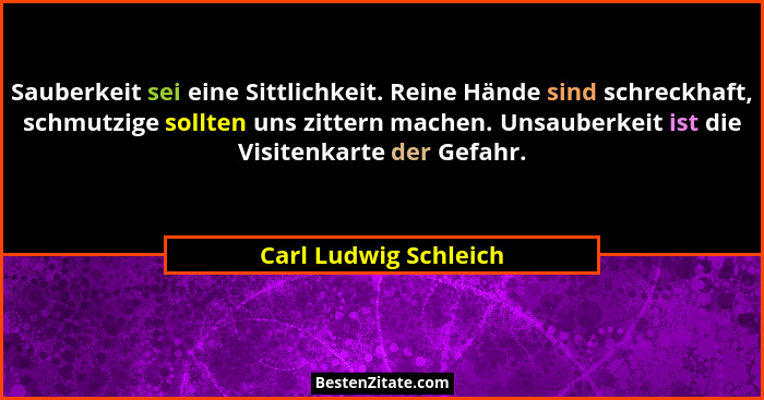 Sauberkeit sei eine Sittlichkeit. Reine Hände sind schreckhaft, schmutzige sollten uns zittern machen. Unsauberkeit ist die Vis... - Carl Ludwig Schleich