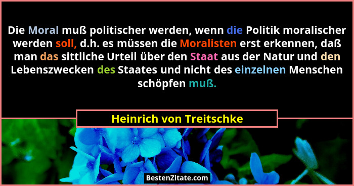 Die Moral muß politischer werden, wenn die Politik moralischer werden soll, d.h. es müssen die Moralisten erst erkennen, daß... - Heinrich von Treitschke