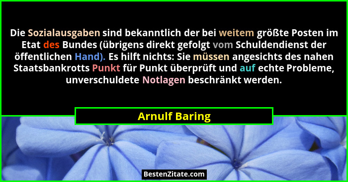 Die Sozialausgaben sind bekanntlich der bei weitem größte Posten im Etat des Bundes (übrigens direkt gefolgt vom Schuldendienst der öf... - Arnulf Baring