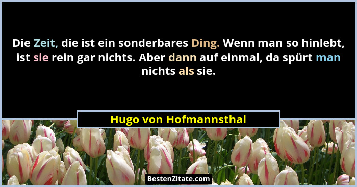 Die Zeit, die ist ein sonderbares Ding. Wenn man so hinlebt, ist sie rein gar nichts. Aber dann auf einmal, da spürt man nicht... - Hugo von Hofmannsthal
