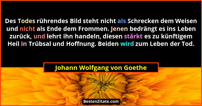 Des Todes rührendes Bild steht nicht als Schrecken dem Weisen und nicht als Ende dem Frommen. Jenen bedrängt es ins Leben... - Johann Wolfgang von Goethe